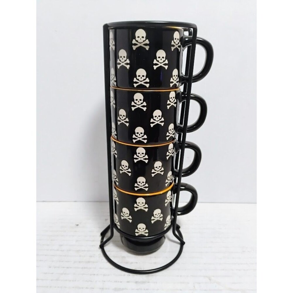SIGNATURE HOUSEWARES SKULL & CROSSBONES ESPRESSO STACKABLE MUG RACK SET